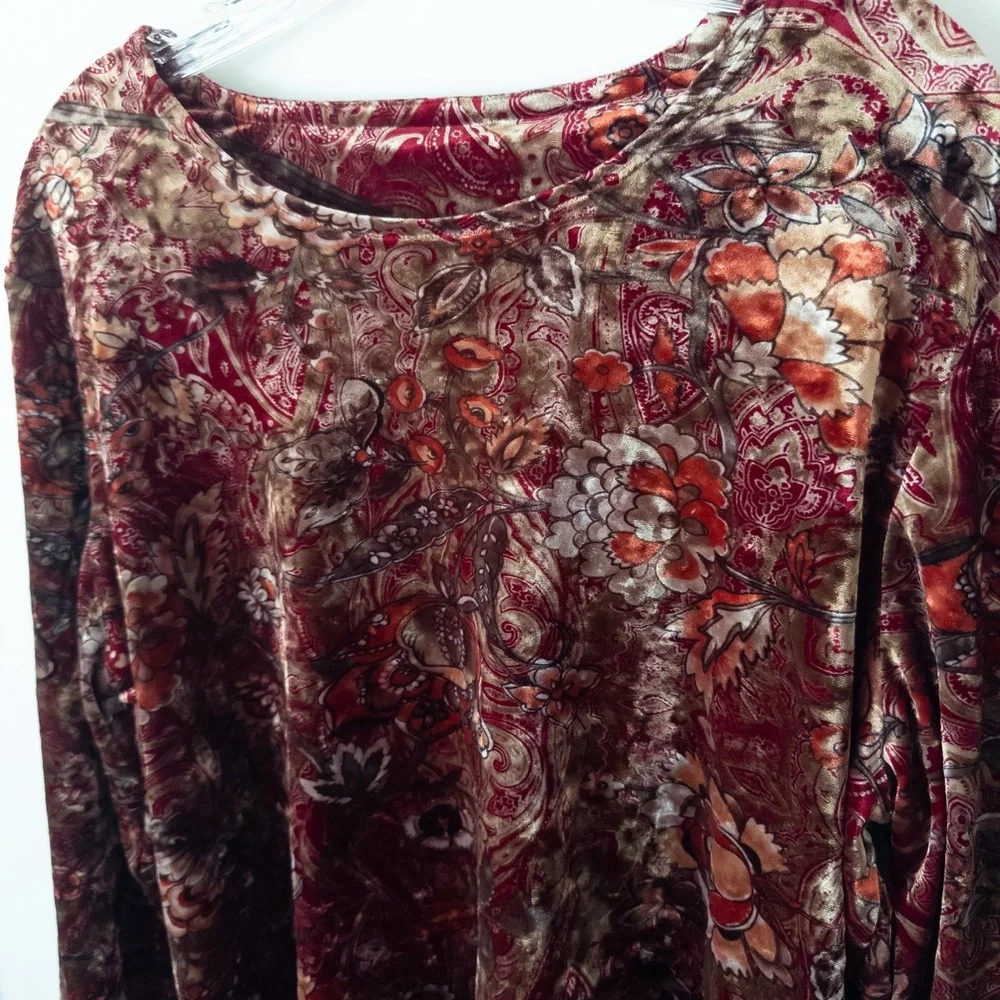 Vintage 90s Velvet Floral Top Womens L Dark Red Gold Paisley Witchy Romantic - Picture 2 of 11